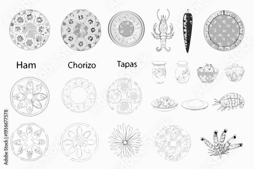Collection of monochrome illustrations depicting various foods and seafood