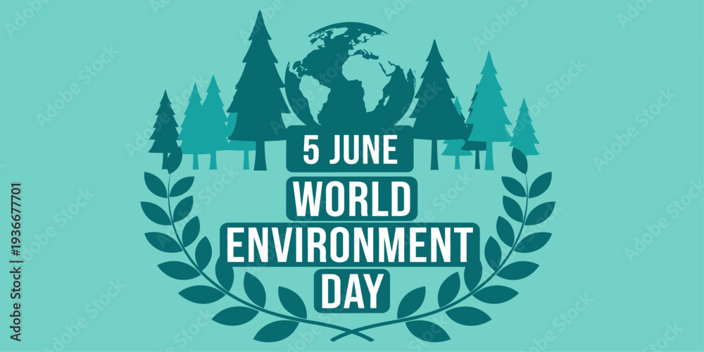 Fototapeta premium World Environment Day poster with globe, trees, and green eco wreath