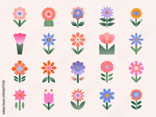Colorful stylized flowers arranged in rows a simple botanical illustration
