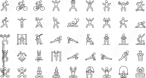 Fitness and Exercise Line Icon Set with Running Cycling Yoga Weightlifting Swimming and Workout Training Symbols Vector Illustration