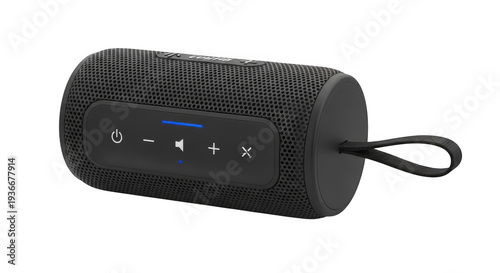 Black portable Bluetooth speaker with buttons on a isolated on transparent background