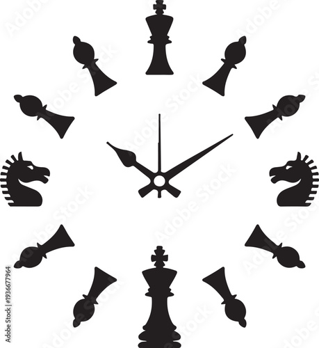 Classic chess pieces arranged as a clock face with traditional hands against a pure white backdrop