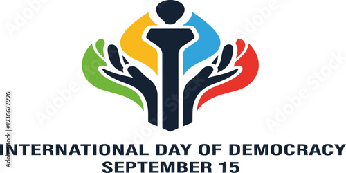 International Day of Democracy poster with colorful hands and unity symbol