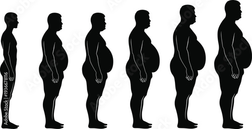 Silhouette Vector Set Showing Male Body Transformation From Thin to Obese Representing Weight Gain, Metabolism, Health Issues, and Fitness Progress Stages