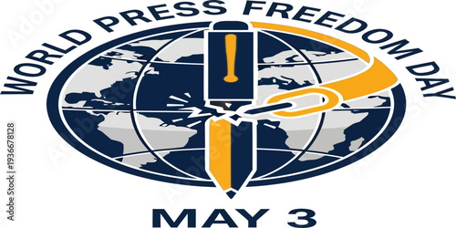 World Press Freedom Day poster with globe, pen, and journalism theme