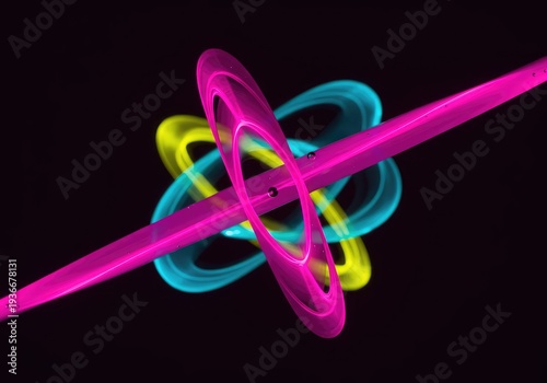 A striking abstract artwork featuring complex interplay of vivid magenta, electric cyan, and bright yellow shapes, creating balanced energy ,futuristic ,background ,vibrant