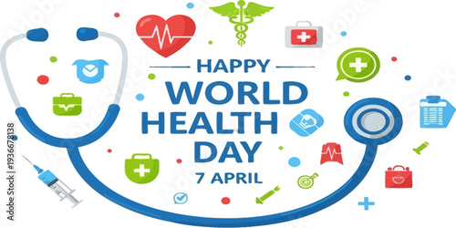 World Health Day poster with medical icons and global healthcare theme