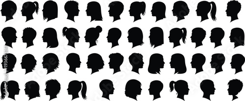 People Profile Silhouettes Men Women Heads Faces Avatars Collection Vector Illustration Set Isolated