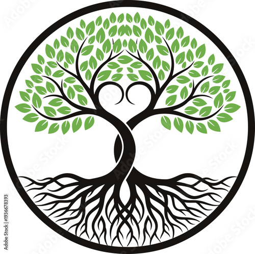 A vibrant stylized tree of life emblem with extensive roots and lush green leaves in a circular design.