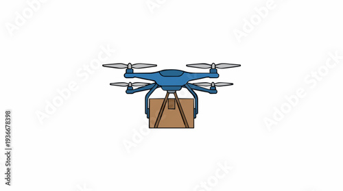 Blue Quadcopter Drone Delivering a Brown Cardboard Package with a White Background