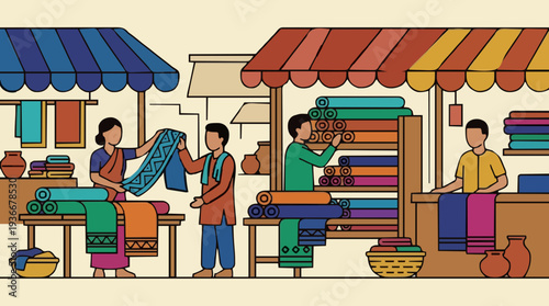 Vibrant Textile Market Scene With People Shopping For Colorful Fabrics And Goods Under Striped Awnings