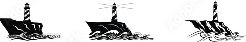 Vintage lighthouse illustrations on rocky coastline with waves