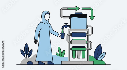 Woman In Blue Abaya Filling Cup From Water Filtration System With Green Arrows Indicating Flow In Clean Flat Design Style With Minimalist Plants In Background