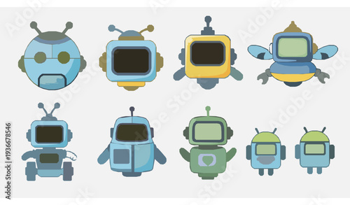 Kawaii Robot Mascot Vector Set Cute Futuristic Android Characters