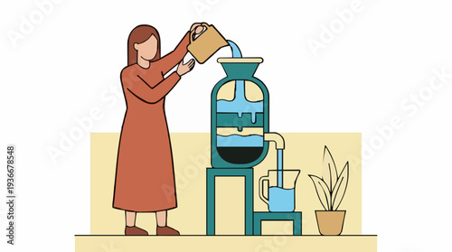 Woman in a rust colored dress pours water into a water filter pitcher with clear blue liquid dispensing into a glass jug beside a potted plant and a soft yellow background
