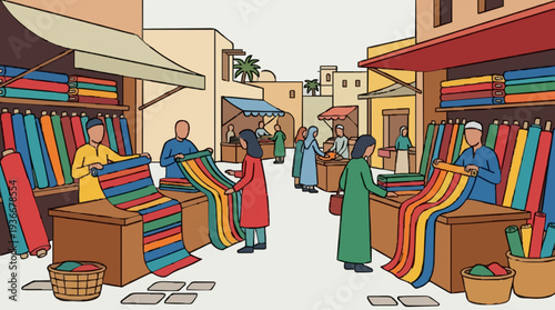 Vibrant Middle Eastern Bazaar Scene With Colorful Textiles Merchants Displaying Goods Under Warm Sunlight Atmosphere