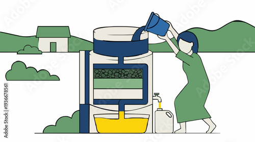 Person Pouring Water Into Filtration System With Green Hills And A House In The Background