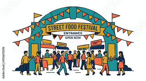 Street Food Festival Entrance Archway With People And Food Stalls Illuminated By Bright Daylight And Decorated With Colorful Flags In A Festive Atmosphere