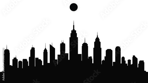 Modern city skyline silhouette with skyscrapers and moon at night