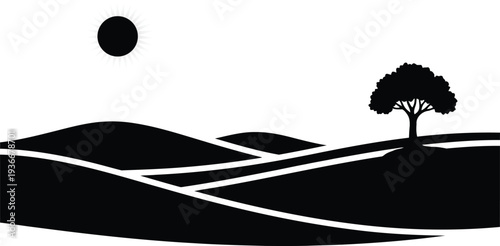 Minimalist landscape with tree and sun