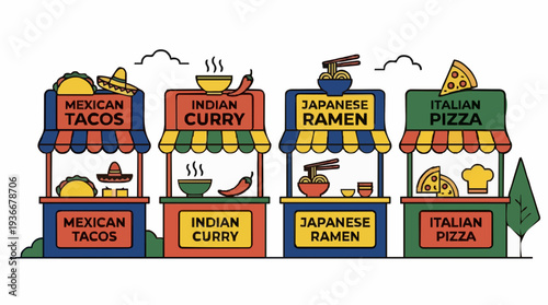Diverse International Food Stalls Featuring Mexican Tacos Indian Curry Japanese Ramen and Italian Pizza in a Festive Outdoor Market Setting with Stylized Graphics