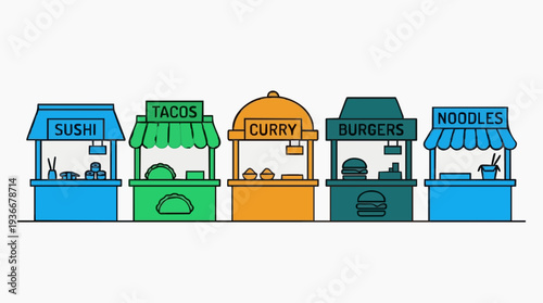 Colorful Pixel Art Food Stalls Featuring Sushi Tacos Curry Burgers And Noodles Against A White Background