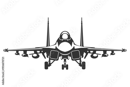 Monochrome front view silhouette shenyang J16 military combat aircraft. Black and white vector plane illustrations captured from a head-on perspective.