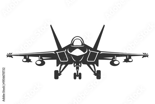 Clean black and white vector art shenyang J31 aircraft from head view. Minimalist monochrome illustratios china fighter jet.