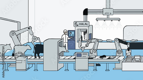 Automated Halal Food Processing Factory With Robotic Arms And Workers In A Sterile Environment