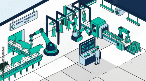 Automated Slaughterhouse With Robotic Arms Processing Livestock On Conveyor Belt Under Bright Industrial Lighting With Minimalist Design