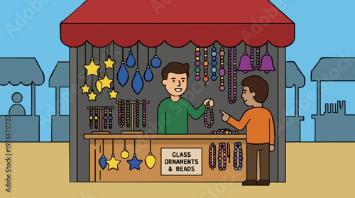 Vendor Selling Handmade Jewelry And Accessories At Outdoor Market Stall Displaying Colorful Beaded Necklaces And Star Ornaments Under Red Awning Bright Daylight Scene