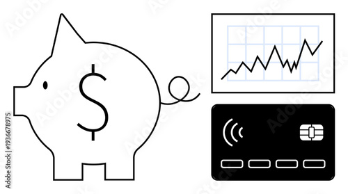 Finance, savings, investment, banking, cashless payments, and financial growth. Icon of a piggy bank, credit card and upward graph. Savings and financial growth concept