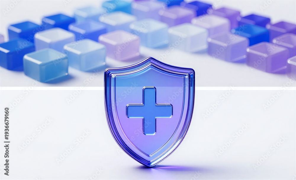 Obraz premium Blue shield with cross symbol surrounded by colorful cubes on a white