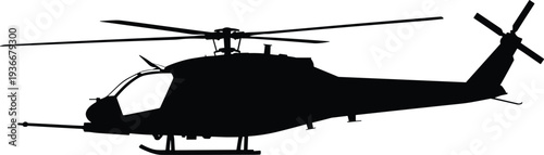 Military attack helicopter silhouette with rotor blades and weapon system, combat aviation aircraft icon for army, defense, war and air force concept