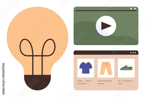 Digital marketing, e-commerce advertising, innovation, education, online shopping, creative content. Light bulb, video player product listing. Digital marketing and e-commerce advertising concept