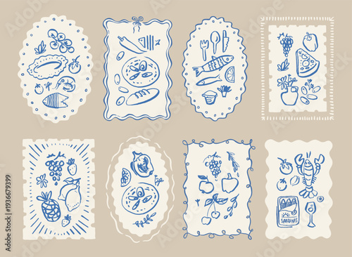 Mediterranean food doodle sketch postcards. Italy poster set. Coastal retro summer Italian cuisine prints. Amalfi coast handdrawn ink brush loose line wall art. Whimsical vintage bow frame France bg