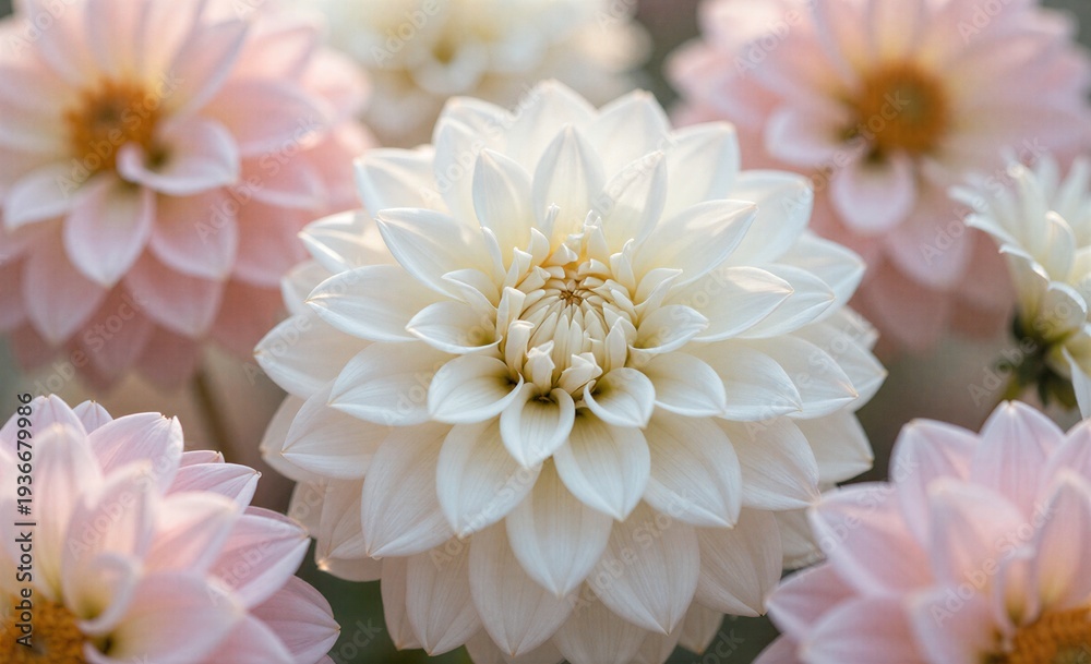 Fototapeta premium A white dahlia blooms beautifully surrounded by soft pink flowers in