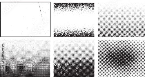 Professional halftone and grunge texture set featuring various dot densities and distressed spray paint effects on transparent background for contemporary branding and poster design art