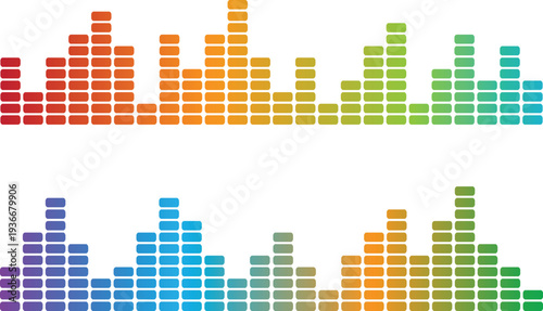 Colorful equalizer bars for audio visualization and music sound levels. Gradient spectrum columns showing rhythm, frequency, and volume activity. Vibrant waveform graphics for media player, DJ, and mu