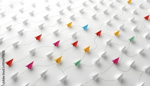 A colorful paper airplane stands out from the crowd, following its own path.