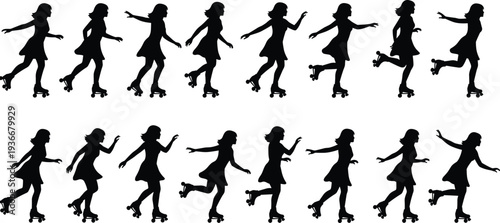 Roller skating girl silhouettes collection with female skater poses in motion, retro roller skate activity and recreation sport icons isolated on white background