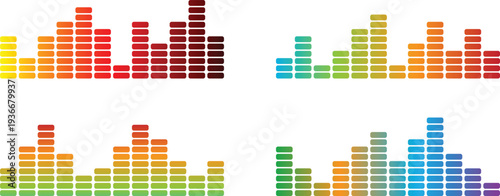 Colorful equalizer bars for audio visualization and music sound levels. Gradient spectrum columns showing rhythm, frequency, and volume activity. Vibrant waveform graphics for media player, DJ, and mu