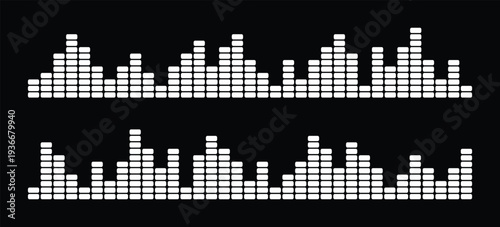 White audio equalizer bars on black background for music visualization. Digital sound spectrum columns showing rhythm, frequency, and volume levels. Clean waveform graphics for media player, DJ,
