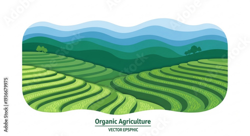 Green organic farm fields with rolling hills and mountains in background sustainable agriculture landscape
