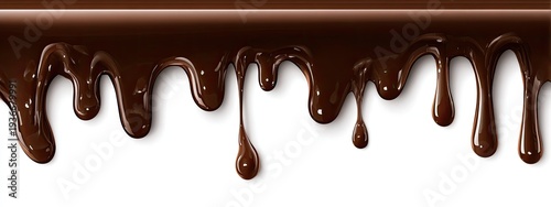 Seamless illustration shows realistic, glossy dark brown liquid dripping down a white surface