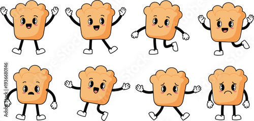 Cute biscuit cartoon mascot character set with different emotions and poses, kawaii cookie mascot collection, funny snack character illustrations for kids branding, stickers, packaging, food design