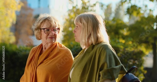 Two senior women friends enjoying a conversation in a park