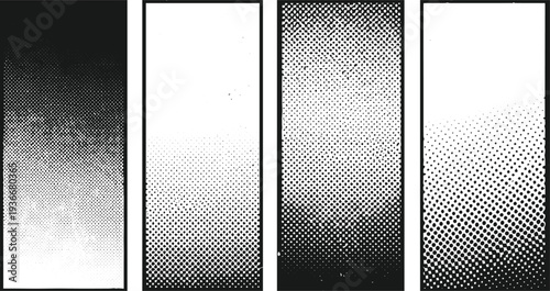 Halftone gradient pattern collection featuring four vertical banners with different dot density and transition effects on transparent background for modern comic book and pop art design