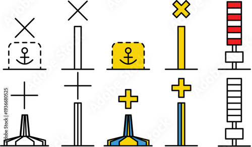 Maritime buoyage system symbols for international sea navigation and safety