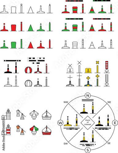 IALA maritime buoyage system icons illustrating nautical navigation safety markers